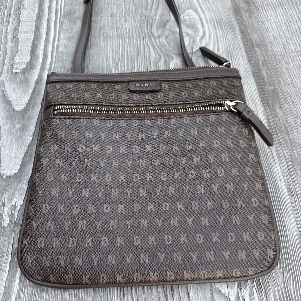 DKNY Brown Bryant Park crossbody bag repeating logo monogram double zipper